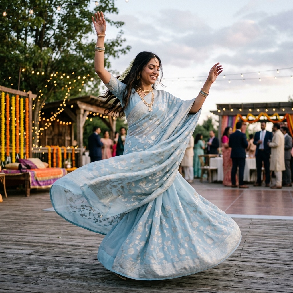 Fluid Drape of a Banarasi Georgette Khaddi Saree Indian woman twirling in a pastel fluid Banarasi Georgette saree