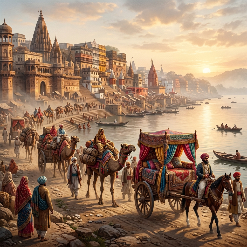 A cinematic historical illustration of a caravan on the ancient Silk Route approaching the ghats of Varanasi at sunrise.