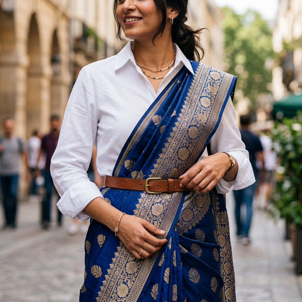 A modern fusion: Banarasi saree styled with a crisp white shirt and leather belt