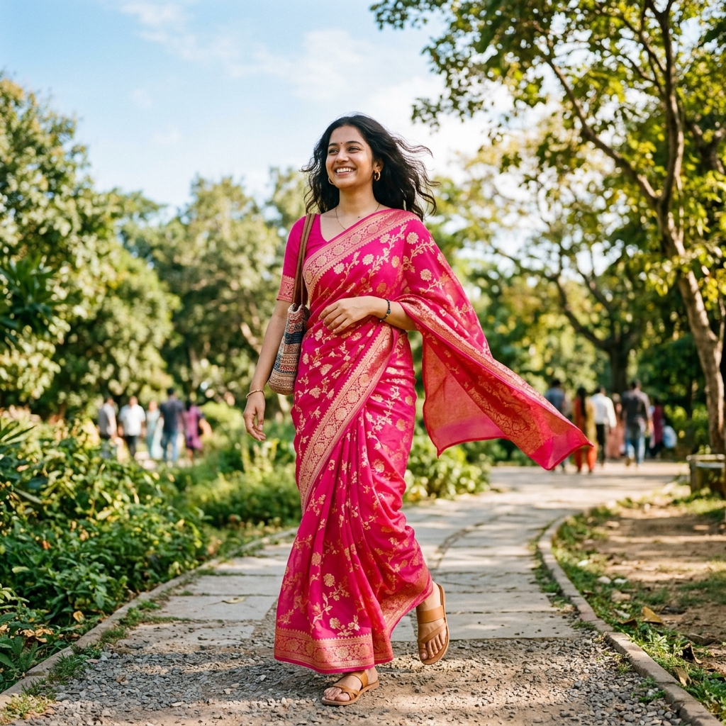 A vibrant Banarasi georgette saree worn for an ordinary everyday outing, styled minimally