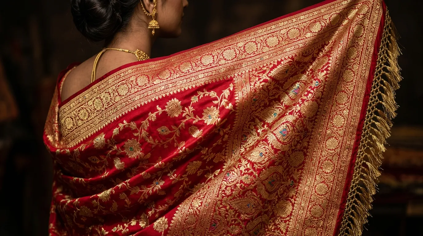 Macro photography of an exquisite Banarasi silk saree pallu showcasing intricate gold zari floral minakari motifs