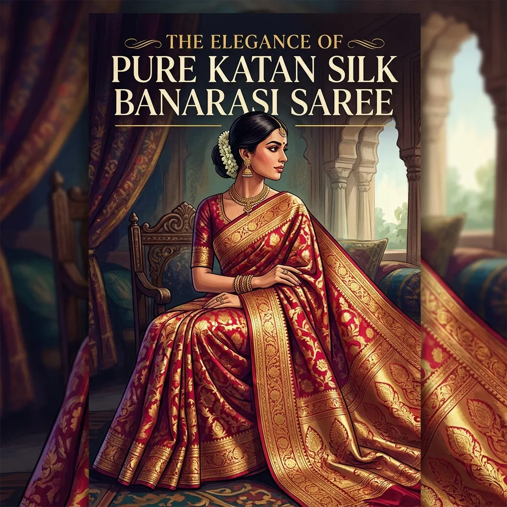 Premium editorial illustration of a beautiful Katan Silk Banarasi Saree
