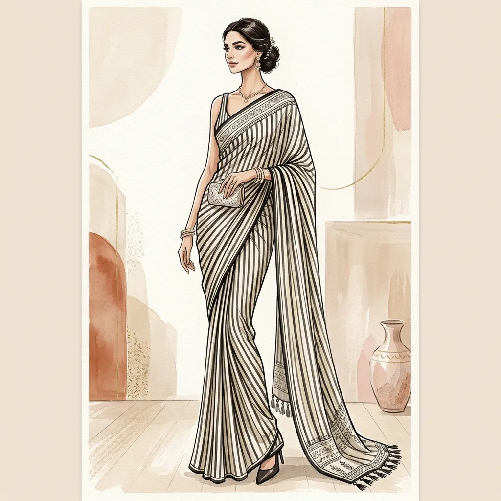 Illustration of a tall elegant woman in a vertical striped monochrome saree
