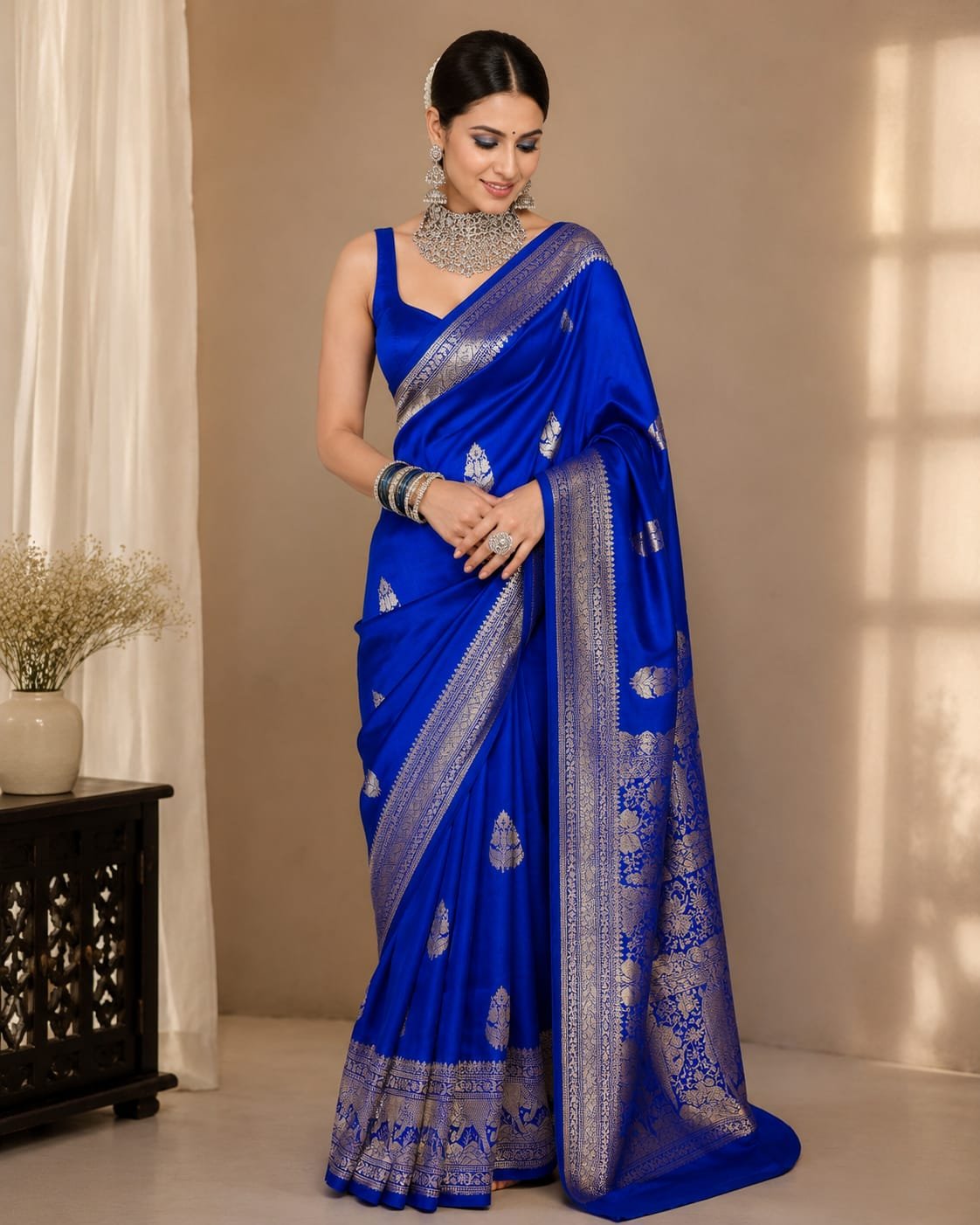 Electric Blue Pure Katan Silk Saree - pure silk katan Banarasi Silk Saree | Shri Geeta Sarees