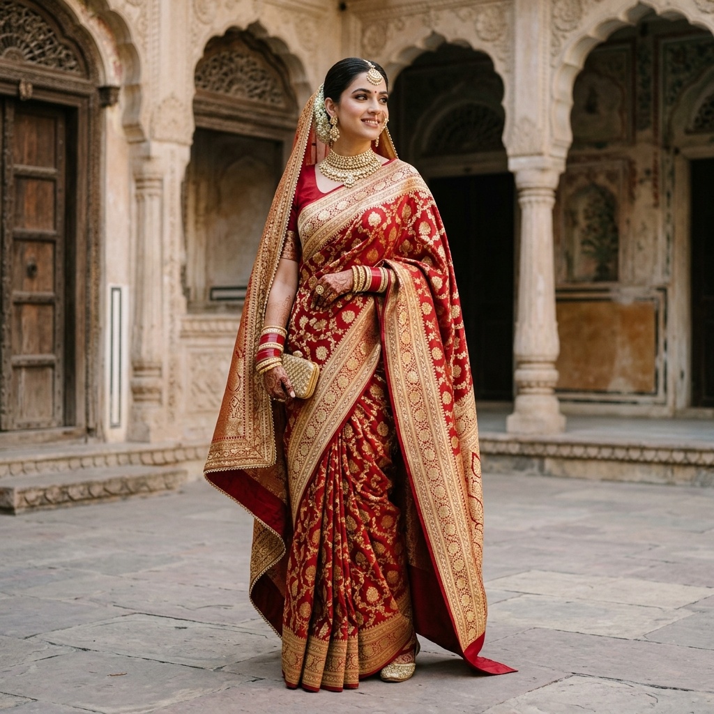 Red Katan Silk Banarasi Saree Bridal Wear