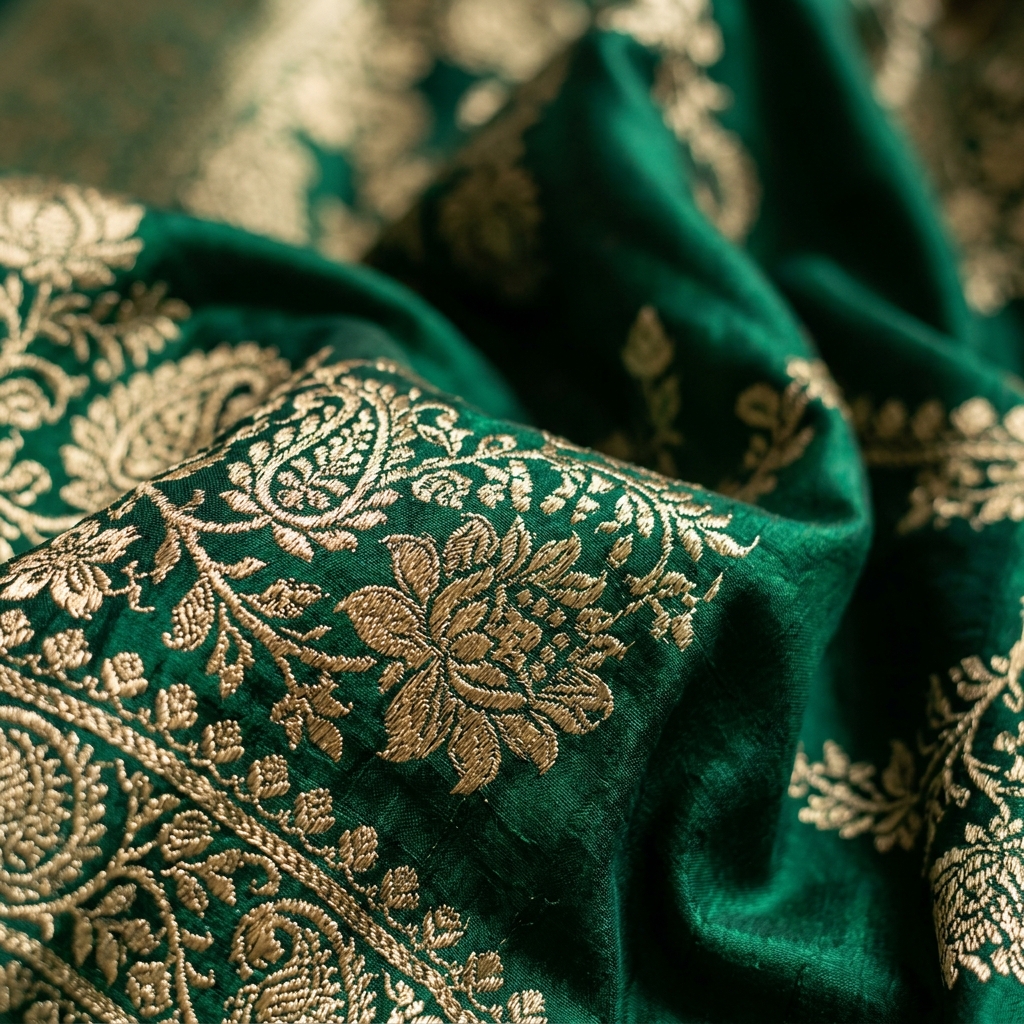 Deep Bottle Green Banarasi Silk Fabric Texture Close-up of deep bottle green Banarasi silk with antique gold zari