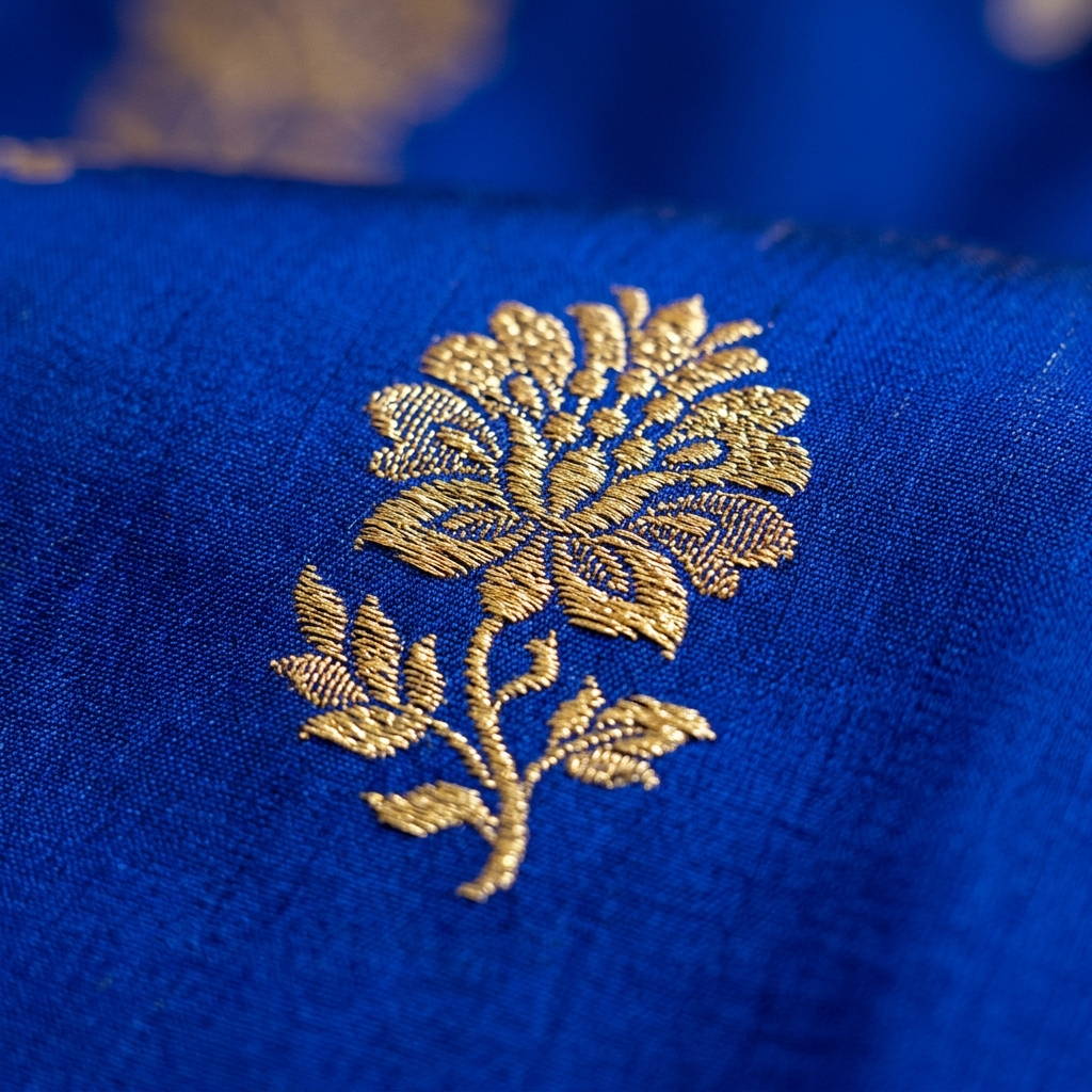 Exquisite Gold Zari Buta Motif on Silk A detailed macro shot of a single gold zari buta motif woven on royal blue Banarasi silk