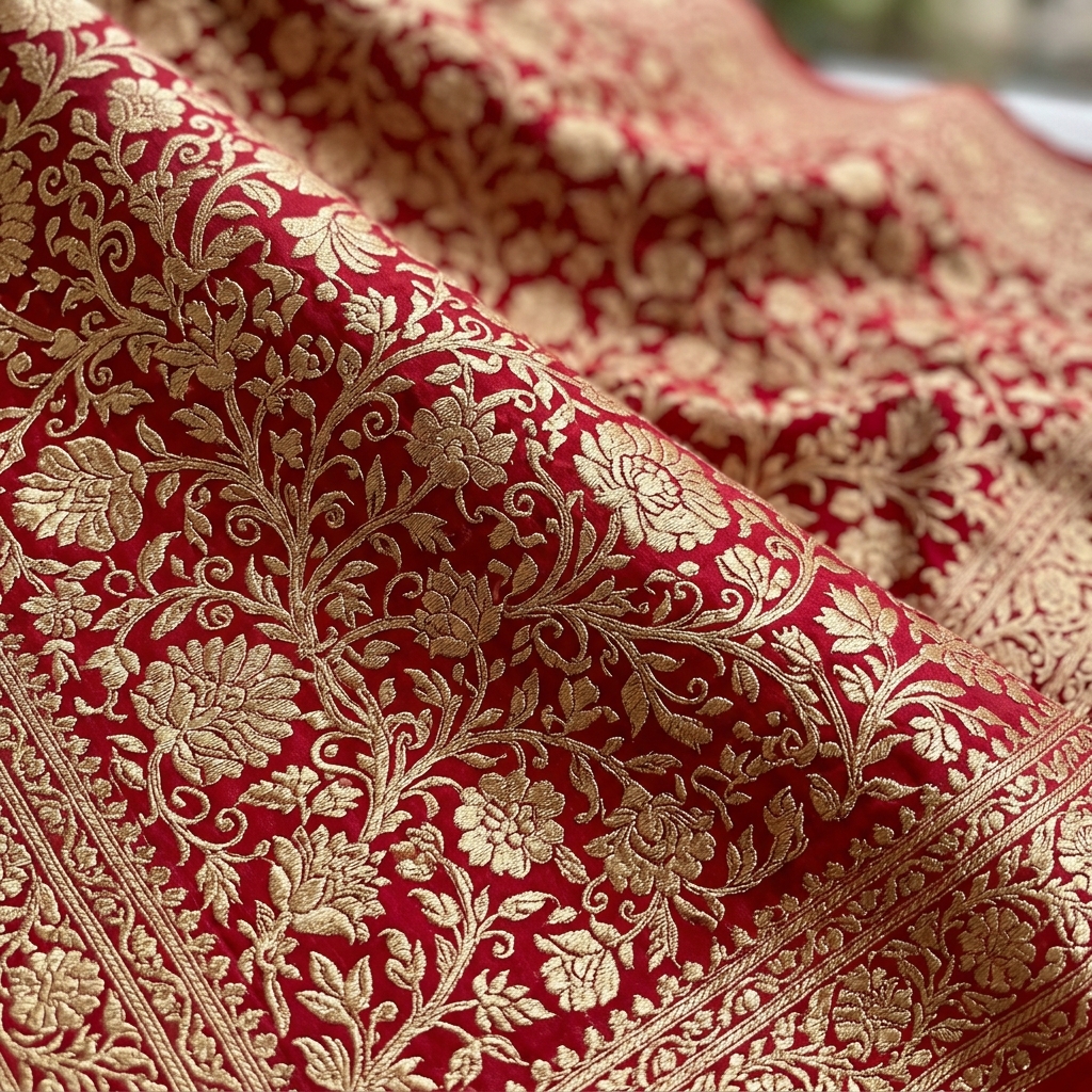 Intricate Gold Zari Jaal Pattern on Red Jangla Banarasi