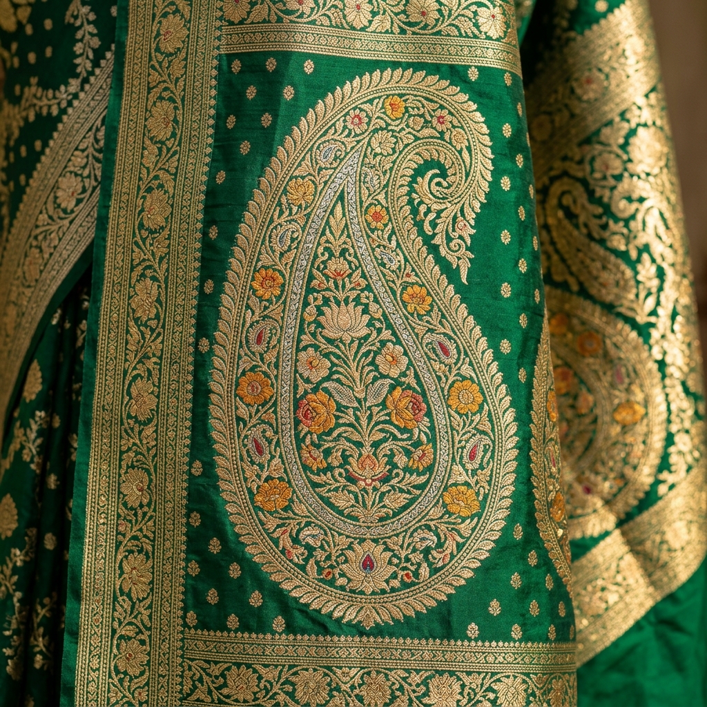 Elaborate Paisley Motif on a Banarasi Saree Pallu Stunning close-up of a large, detailed gold zari paisley motif on an emerald green Banarasi pallu