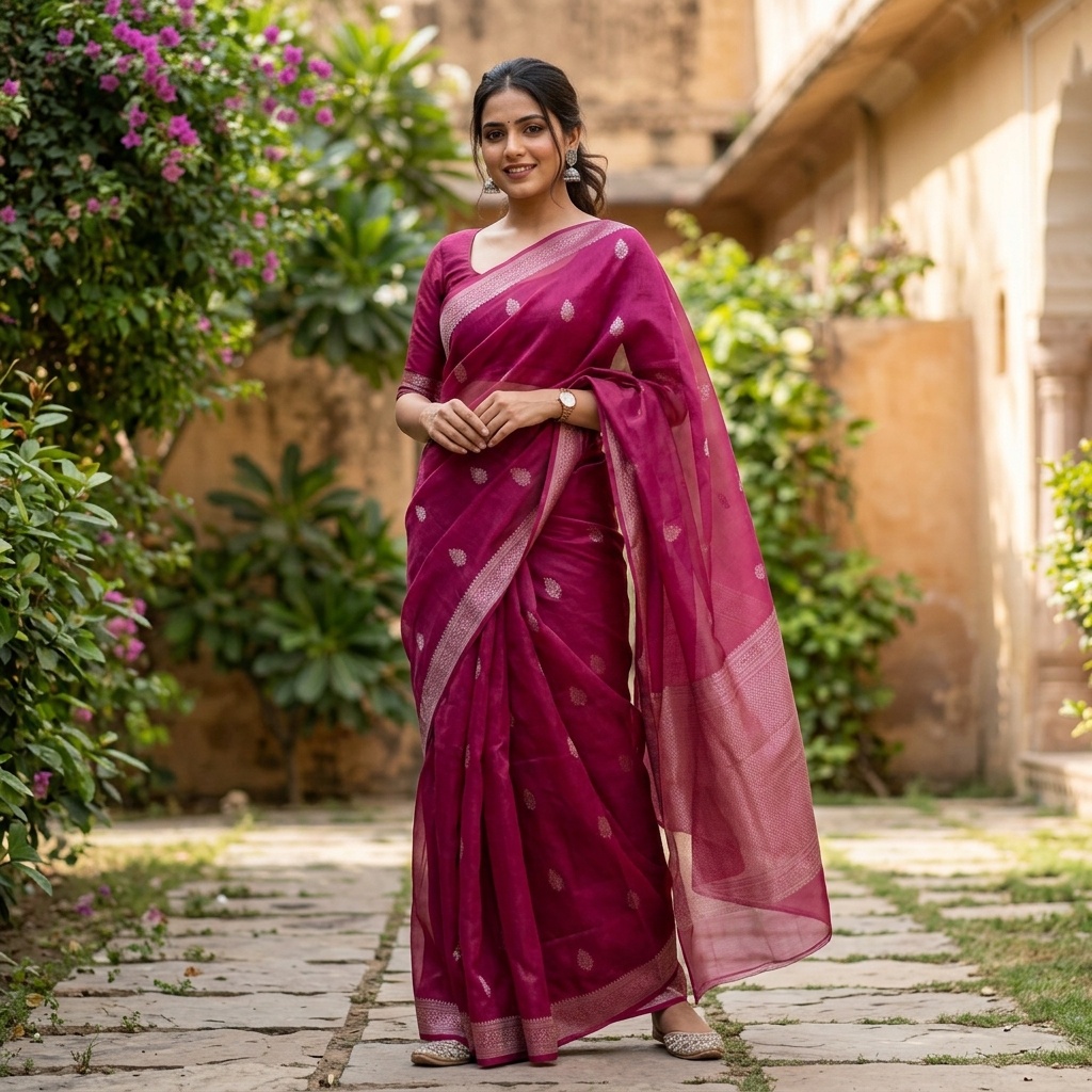 Voluminous and Sheer Banarasi Organza Kora Silk Saree Indian woman wearing a sheer, crisp Banarasi Organza silk saree