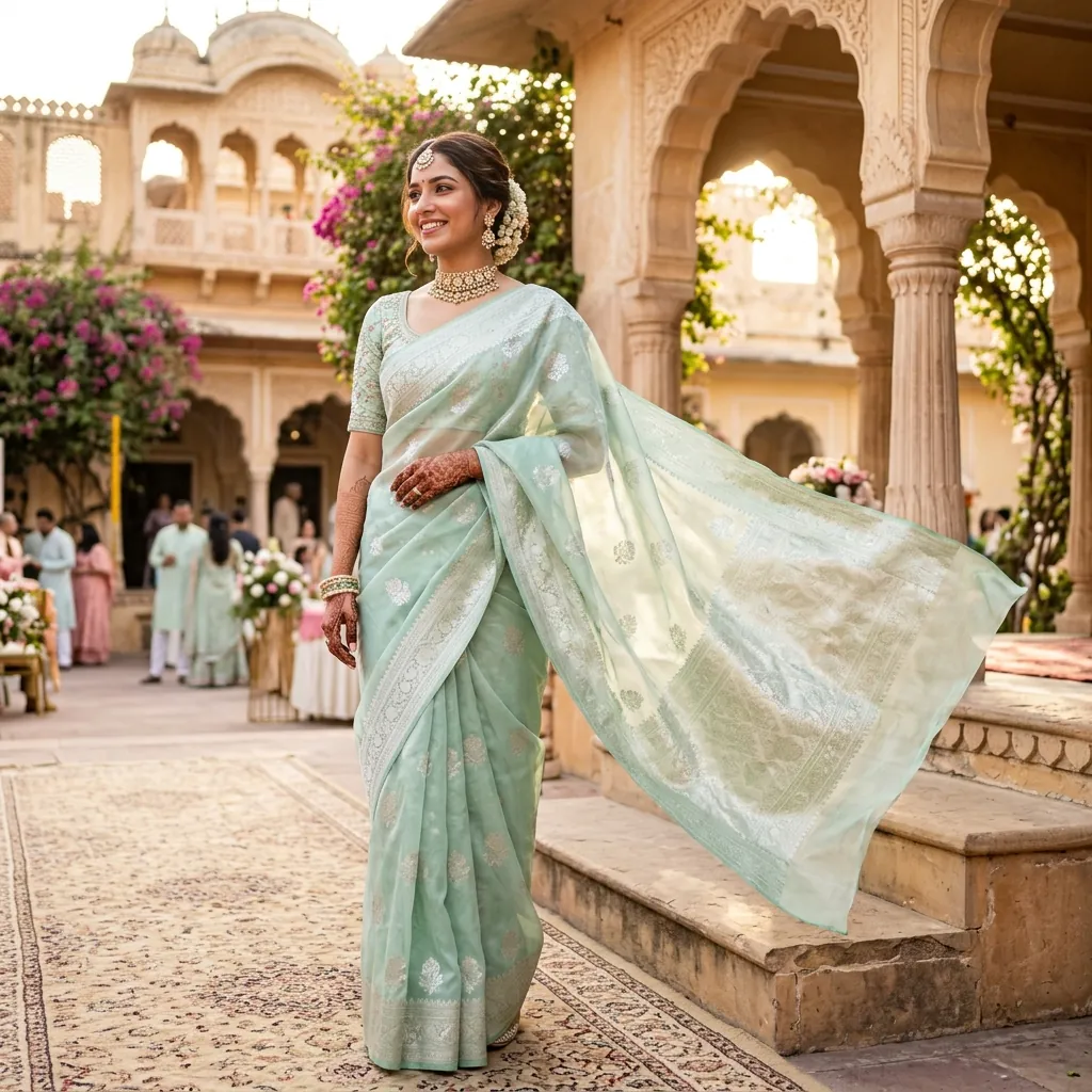 A beautiful Indian bride wearing a lightweight pastel mint green and silver zari organza Banarasi saree in a sunlit courtyard.
