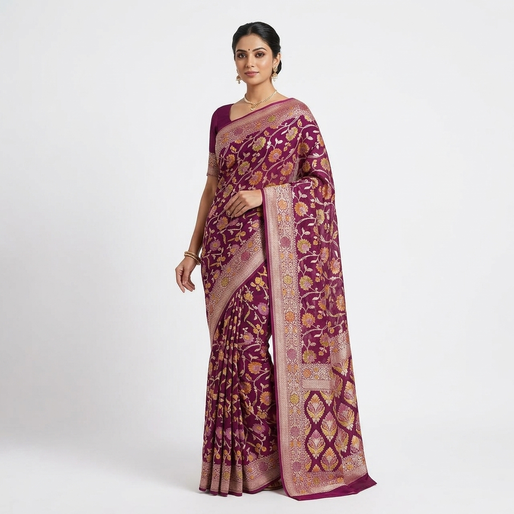Pure Handwoven Khaddi Chiffon Saree - Look 5 - khaddi chiffon Banarasi Silk Saree | Shri Geeta Sarees