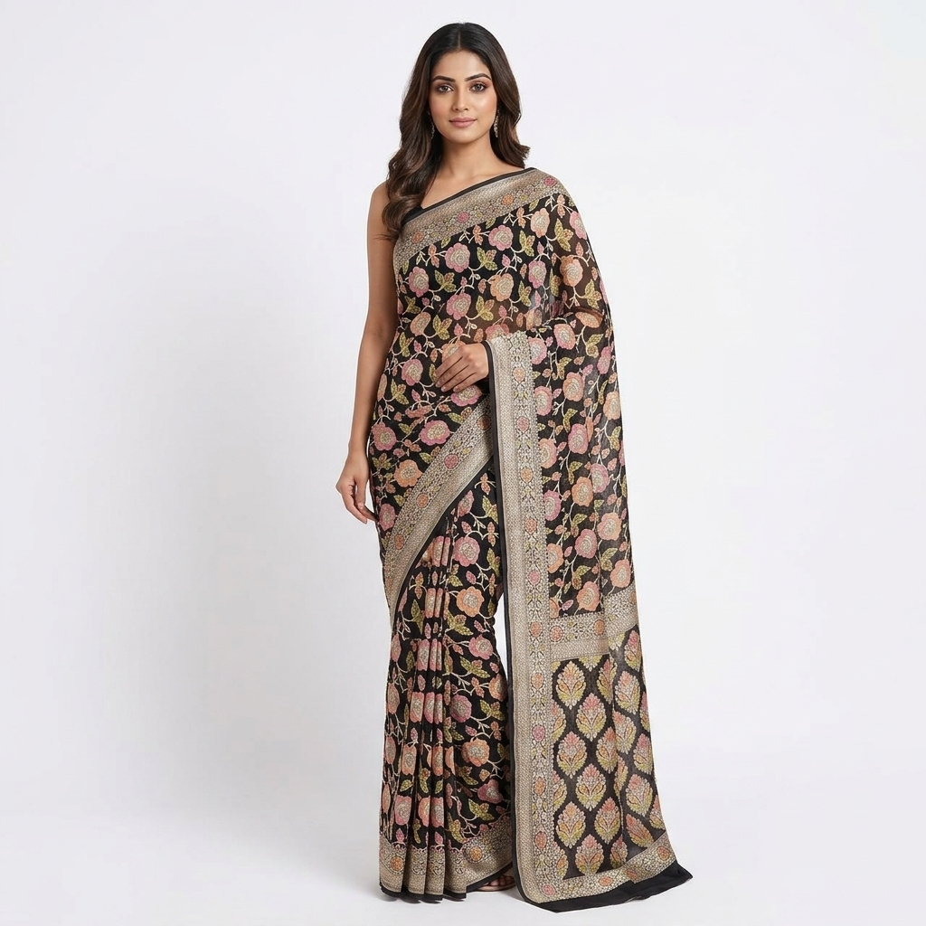 Pure Handwoven Khaddi Chiffon Saree - Look 7 - khaddi chiffon Banarasi Silk Saree | Shri Geeta Sarees