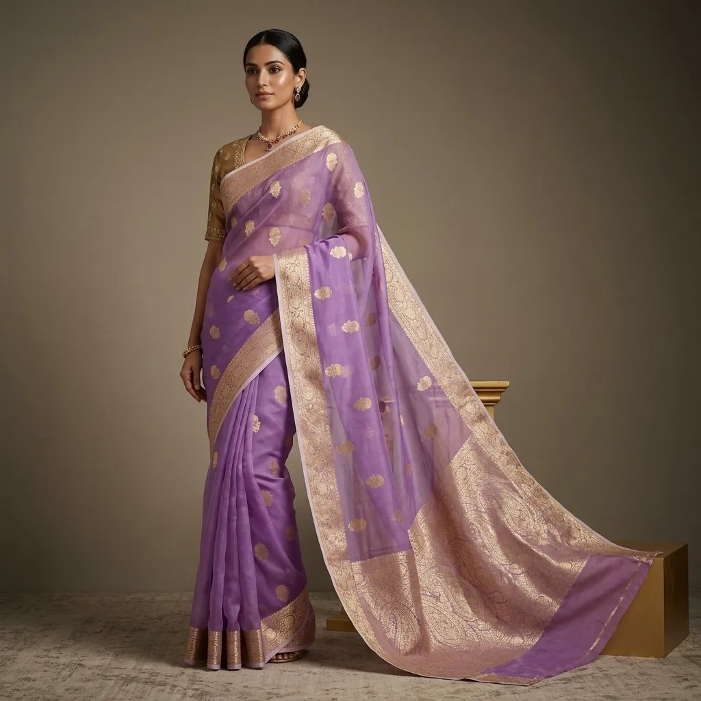 Pure Handwoven Kora Organza Saree - Look 13 - organza Banarasi Silk Saree | Shri Geeta Sarees