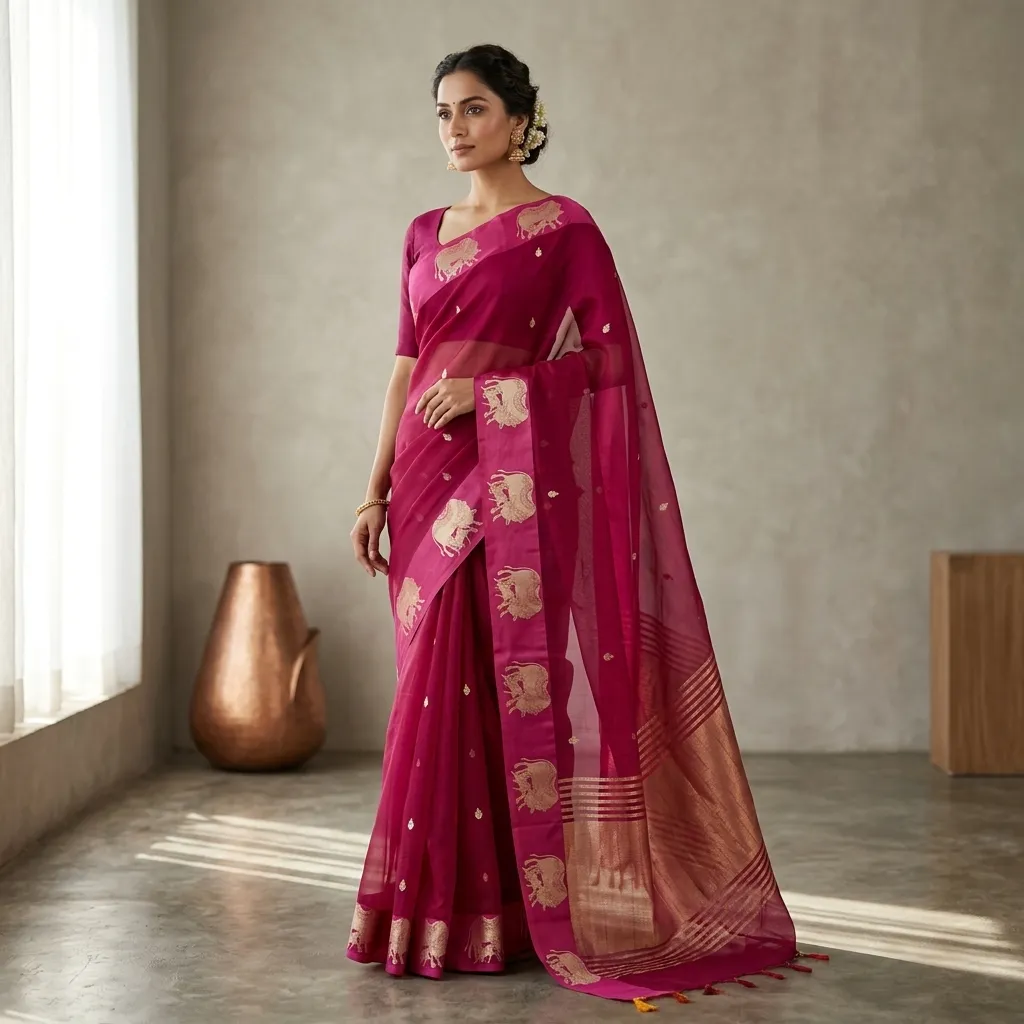 Pure Handwoven Kora Organza Saree - Look 14 - organza Banarasi Silk Saree | Shri Geeta Sarees