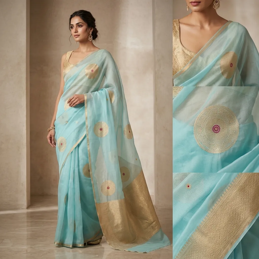 Pure Handwoven Kora Organza Saree - Look 16 - organza Banarasi Silk Saree | Shri Geeta Sarees