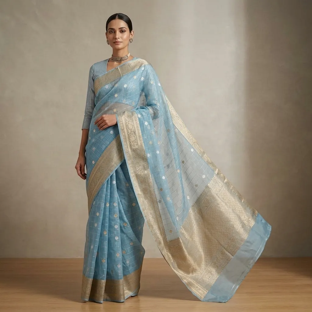 Pure Handwoven Kora Organza Saree - Look 18 - organza Banarasi Silk Saree | Shri Geeta Sarees