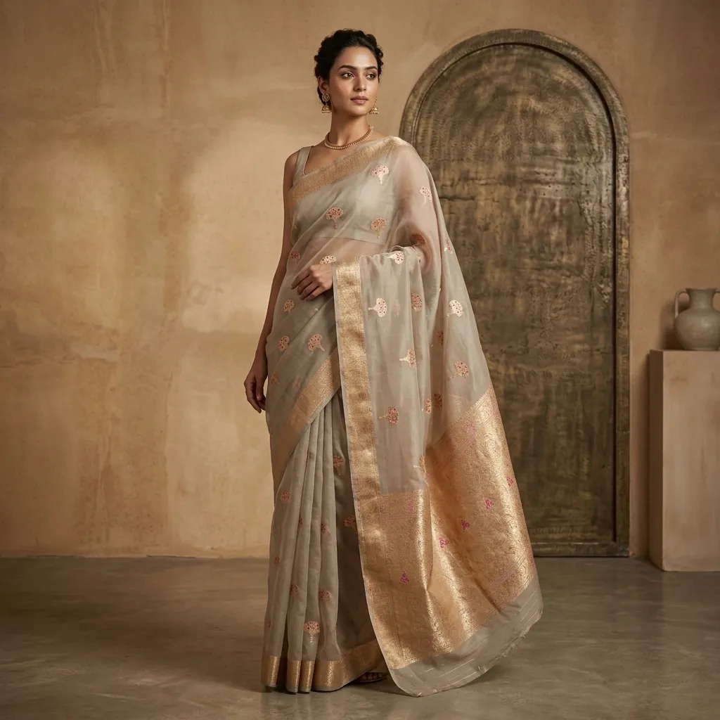 Pure Handwoven Kora Organza Saree - Look 19 - organza Banarasi Silk Saree | Shri Geeta Sarees