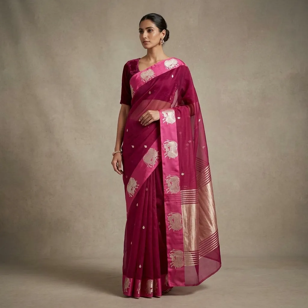 Pure Handwoven Kora Organza Saree - Look 25 - organza Banarasi Silk Saree | Shri Geeta Sarees