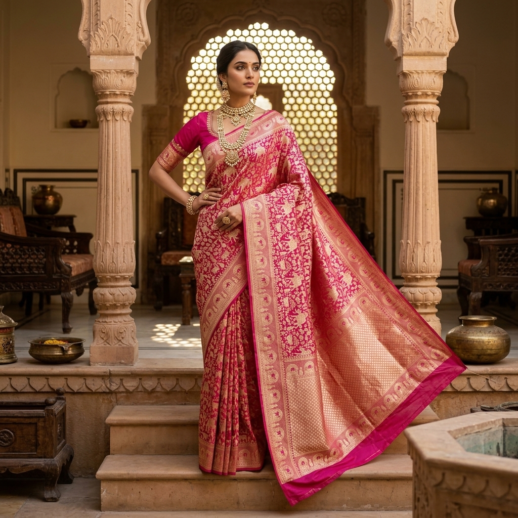 Pure Handwoven Silk Katan Saree - Look 3 - pure silk katan Banarasi Silk Saree | Shri Geeta Sarees