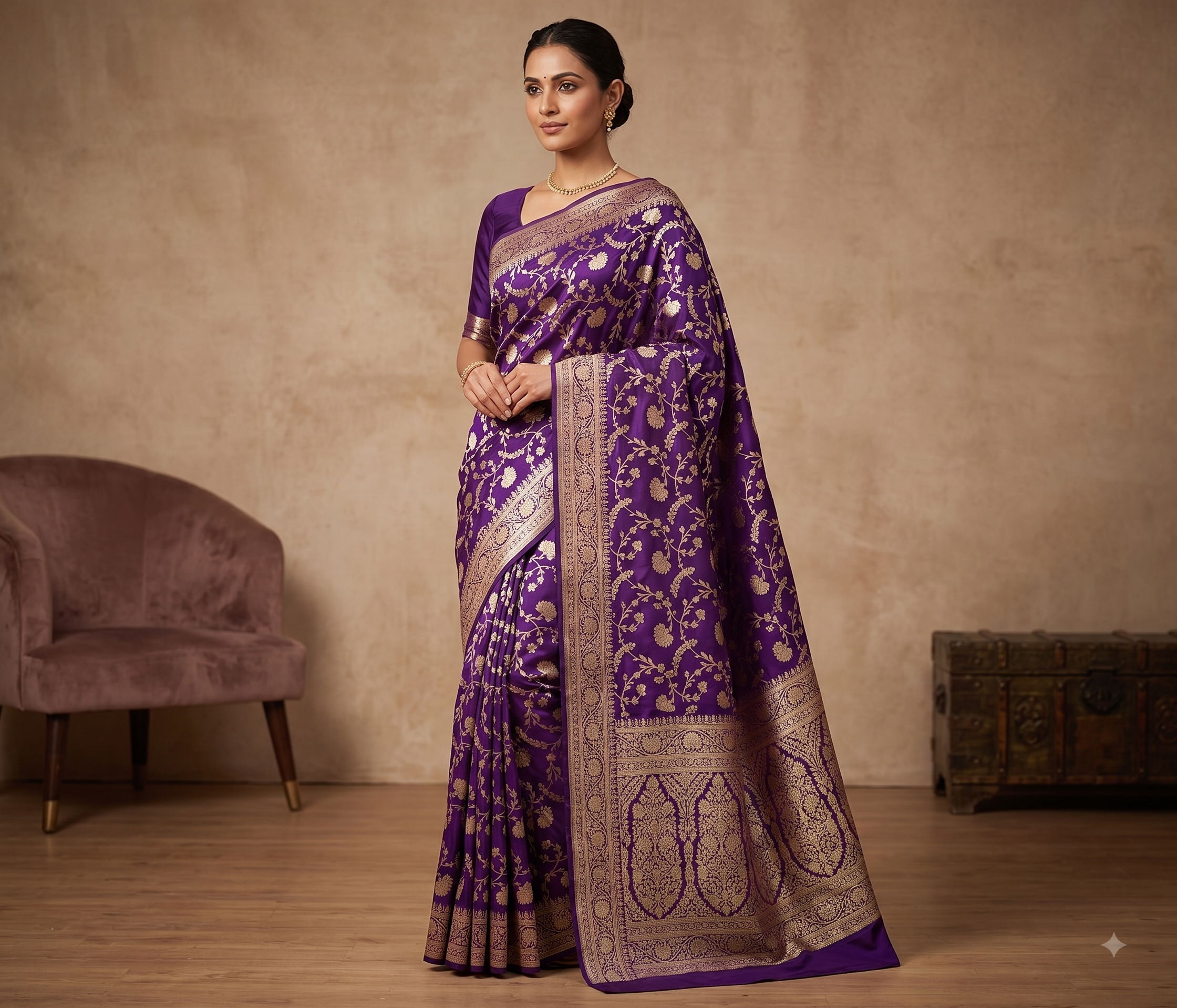 Purple Gold Floral Pure Katan Silk Saree - pure silk katan Banarasi Silk Saree | Shri Geeta Sarees