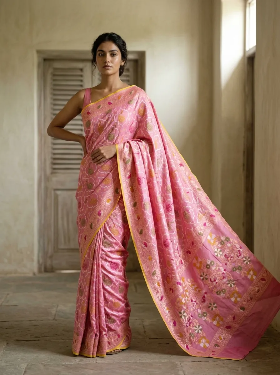 Cotton Silk Blend Banarasi Saree - Pastel Candy Pink - cotton silk blend Banarasi Silk Saree | Shri Geeta Sarees