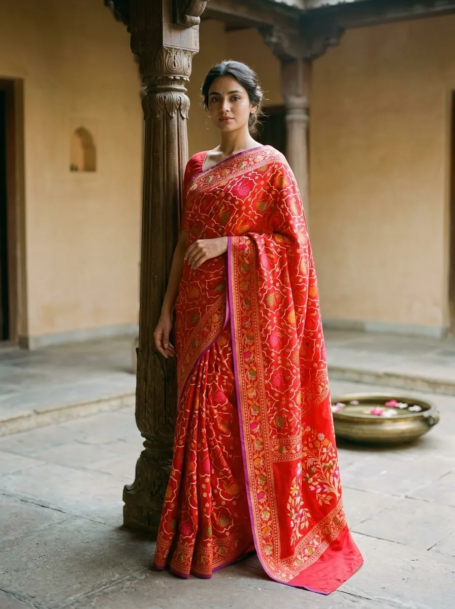 Cotton Silk Blend Banarasi Saree - Scarlet Vermilion Red - cotton silk blend Banarasi Silk Saree | Shri Geeta Sarees