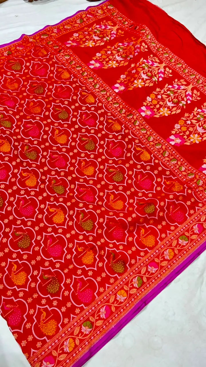 Cotton Silk Blend Banarasi Saree - Scarlet Vermilion Red - Detail View 3 Cotton Silk Blend Banarasi Saree - Scarlet Vermilion Red - Detail View 3 | Shri Geeta Sarees