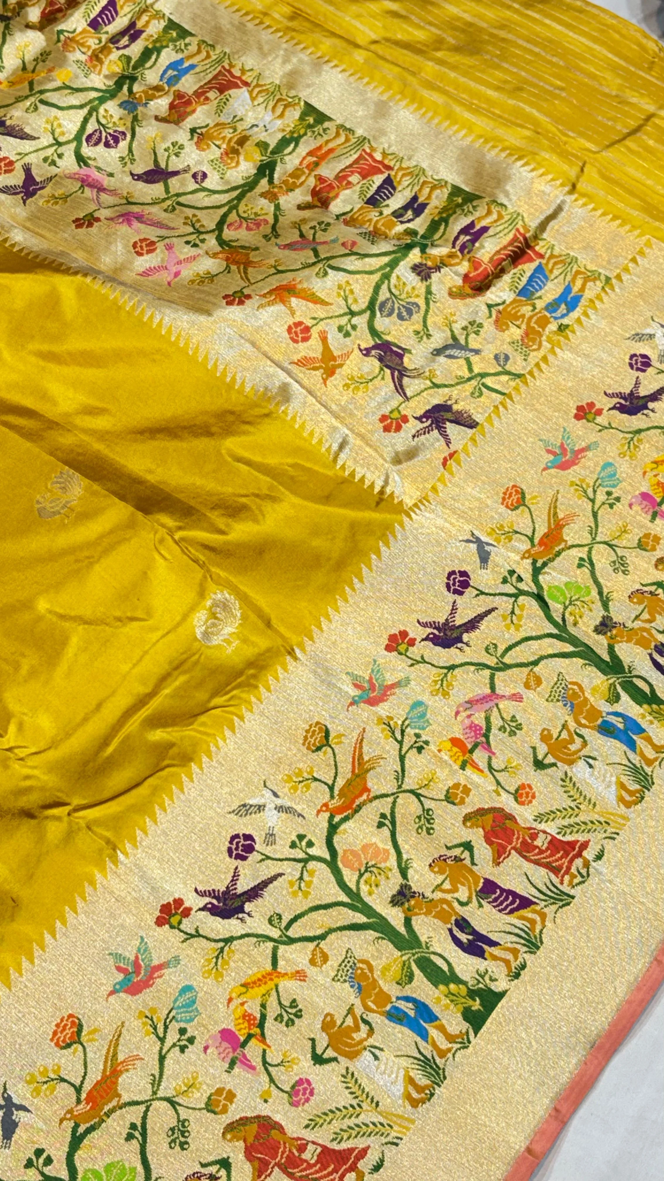 Mustard Yellow Paithani Silk Saree - Detail View 4 Mustard Yellow Paithani Silk Saree - Detail View 4 | Shri Geeta Sarees