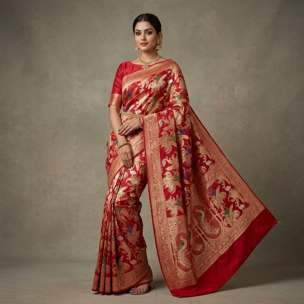 Crimson Jangla Weave Silk Saree - pure handloom silk Banarasi Silk Saree | Shri Geeta Sarees