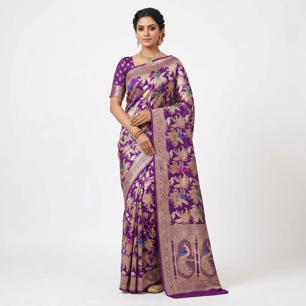 Purple Jangla Weave Silk Saree - pure handloom silk Banarasi Silk Saree | Shri Geeta Sarees