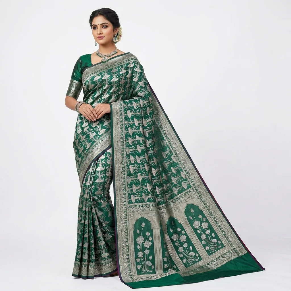 Emerald Swan Jangla Silk Saree - pure handloom silk Banarasi Silk Saree | Shri Geeta Sarees