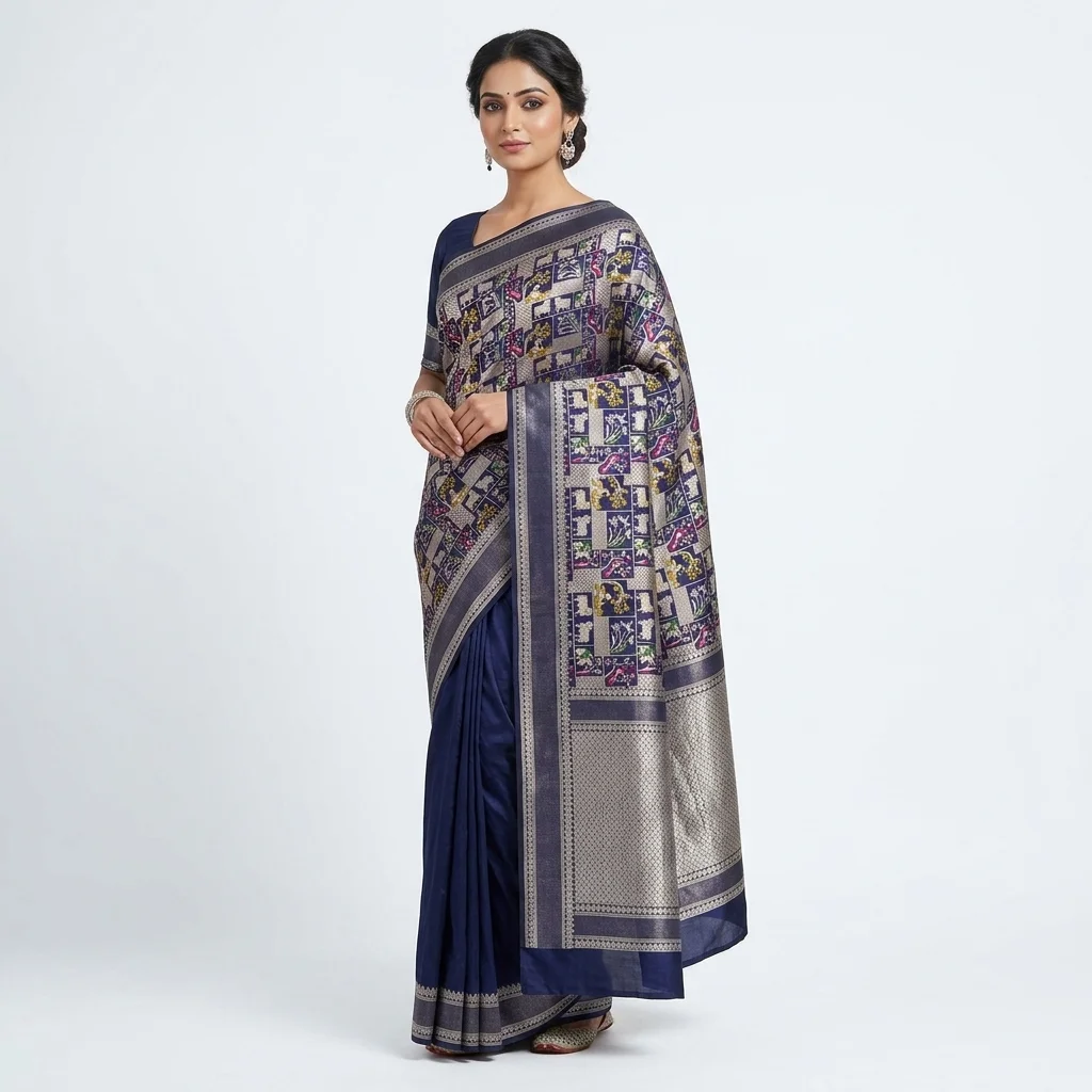 Midnight Grid Panel Silk Saree - pure handloom silk Banarasi Silk Saree | Shri Geeta Sarees