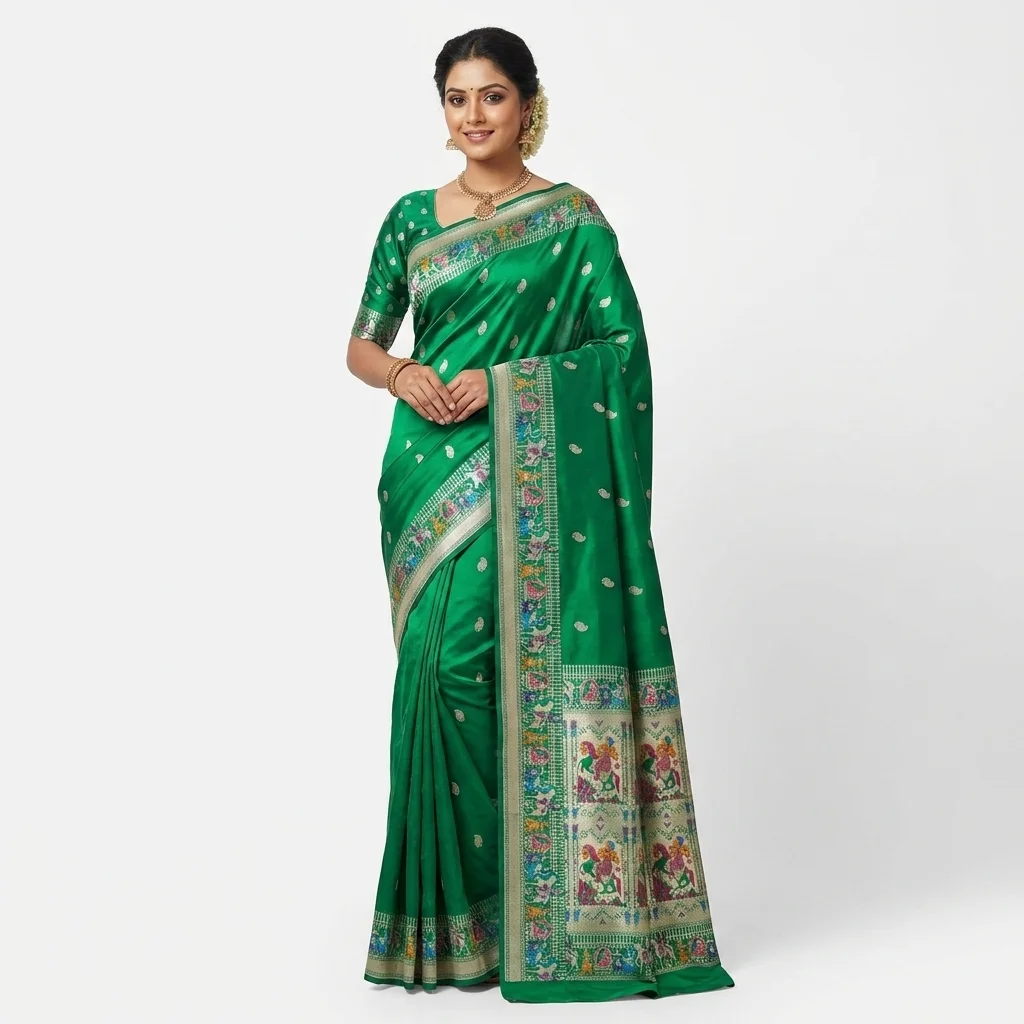 Emerald Green Kadwa Baluchari Silk Saree - pure handloom silk Banarasi Silk Saree | Shri Geeta Sarees
