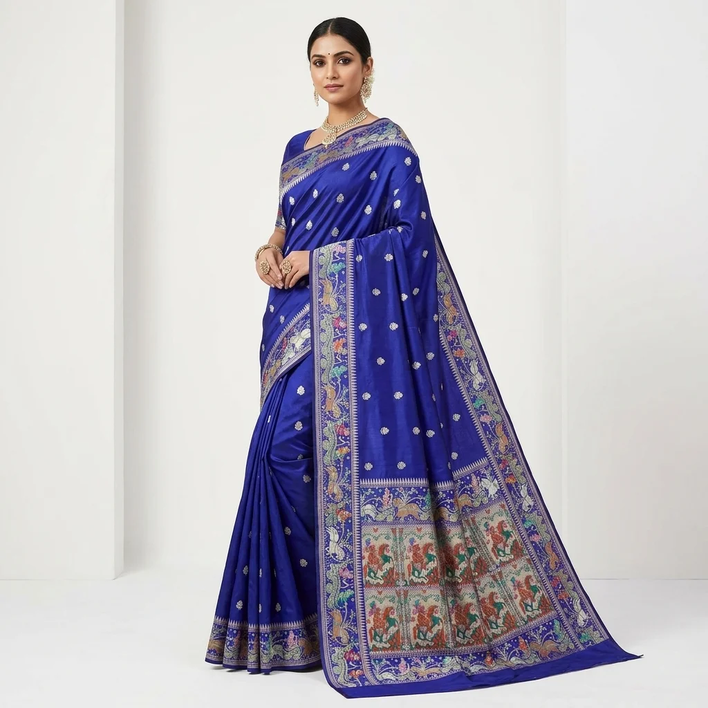 Sapphire Flower Kadwa Baluchari Silk Saree - pure handloom silk Banarasi Silk Saree | Shri Geeta Sarees