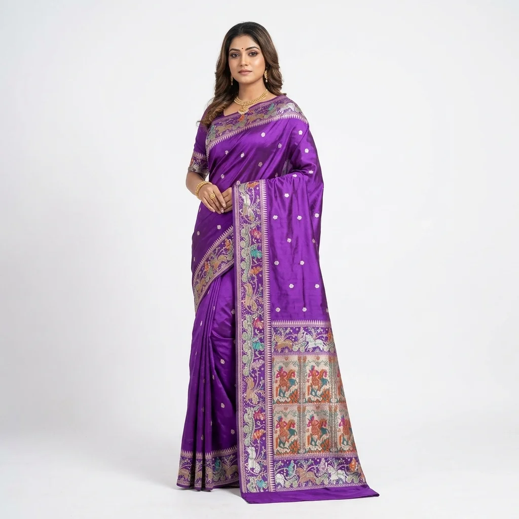 Violet Kadwa Baluchari Silk Saree - pure handloom silk Banarasi Silk Saree | Shri Geeta Sarees