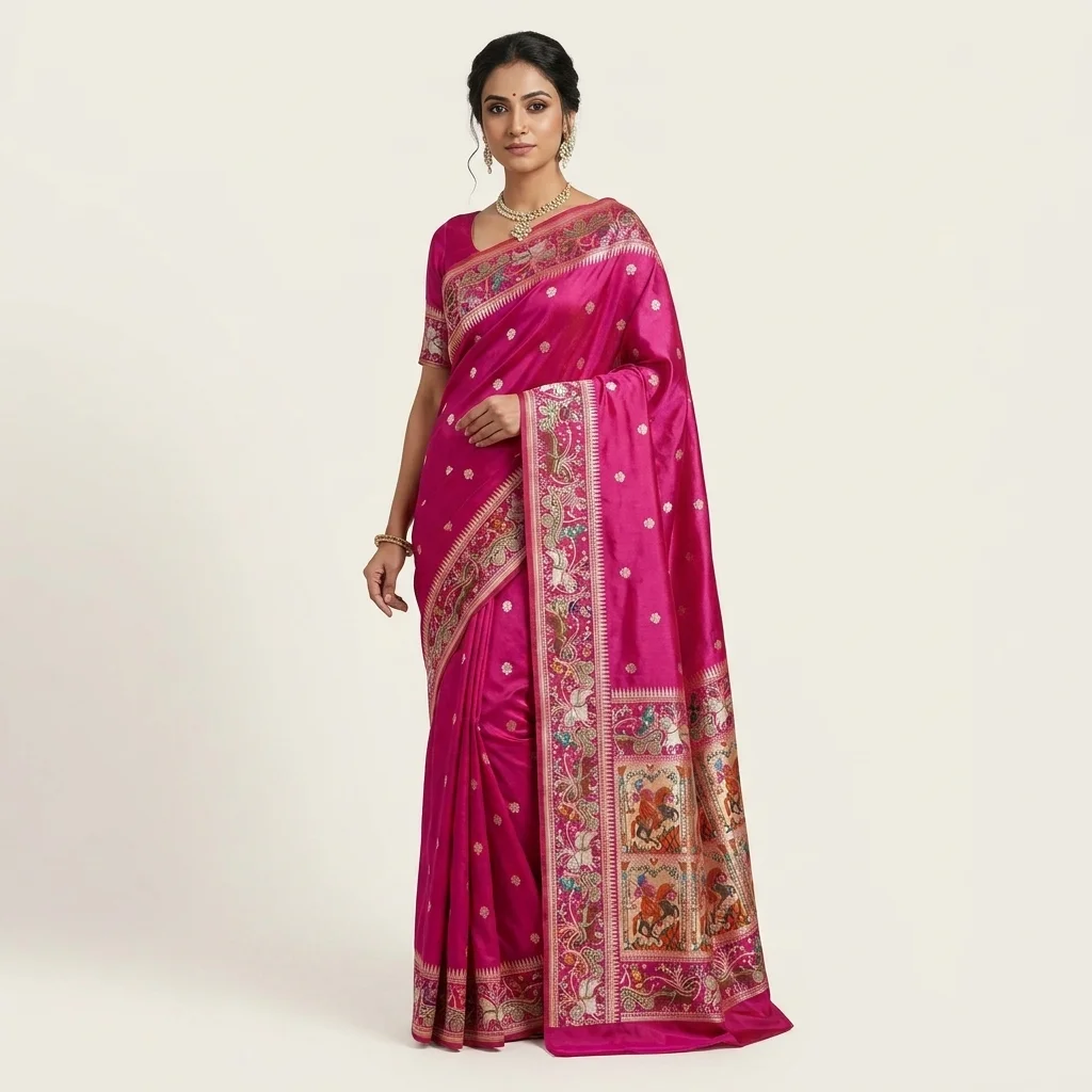 Magenta Kadwa Baluchari Silk Saree - pure handloom silk Banarasi Silk Saree | Shri Geeta Sarees