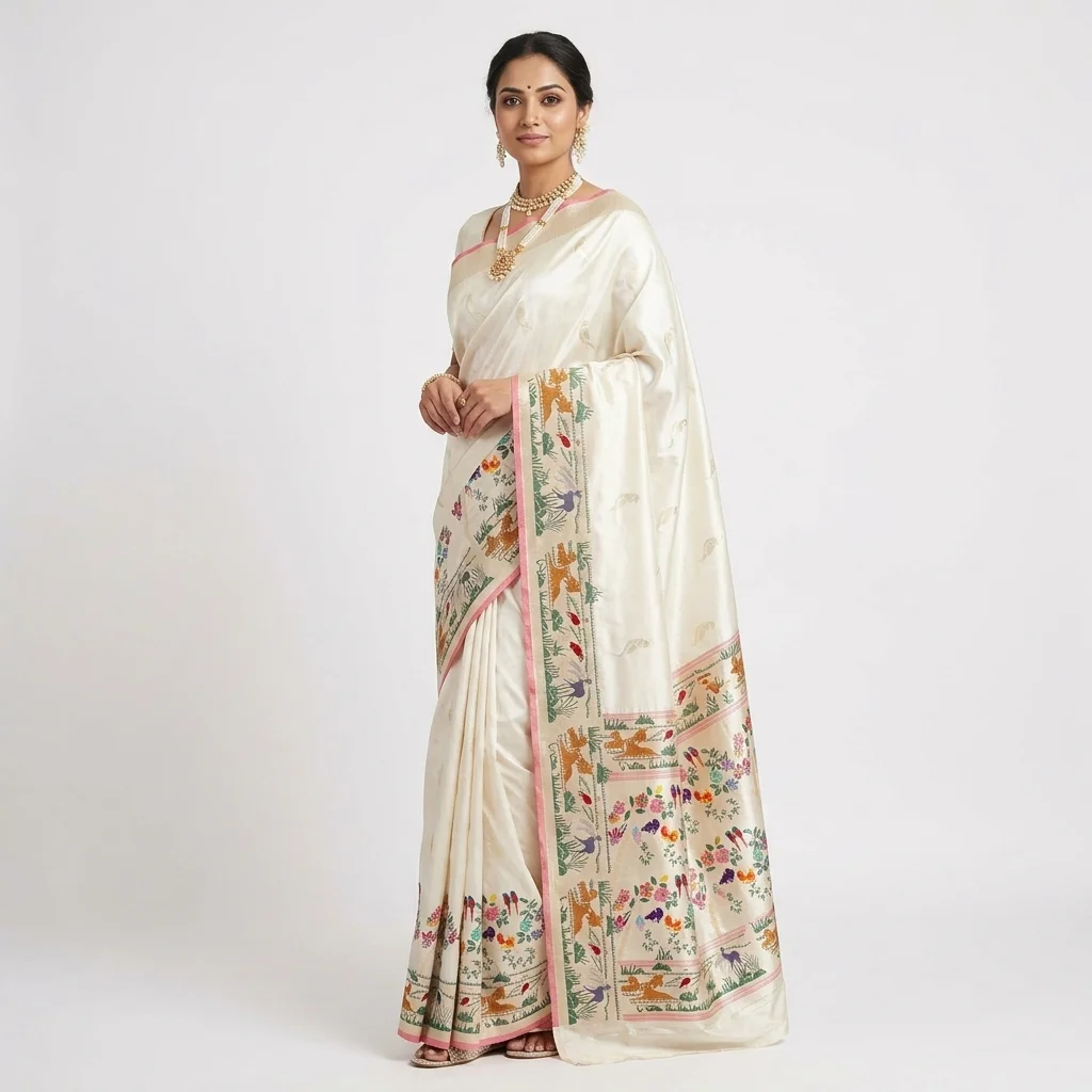 Ivory Paithani Silk Saree - pure handloom silk Banarasi Silk Saree | Shri Geeta Sarees