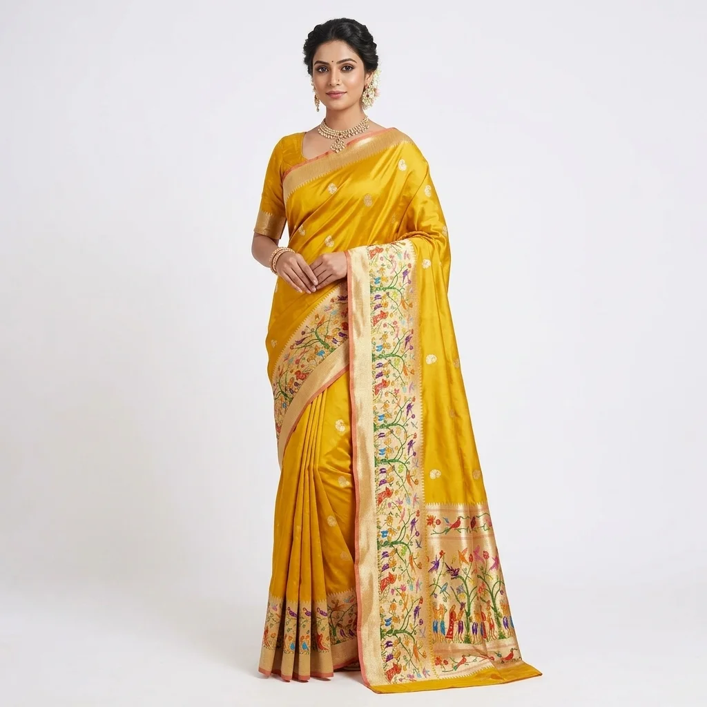 Mustard Yellow Paithani Silk Saree - pure handloom silk Banarasi Silk Saree | Shri Geeta Sarees