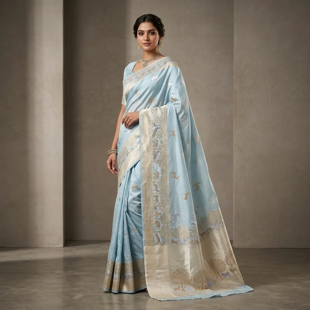 Powder Blue Animal Motif Saree - pure handloom silk Banarasi Silk Saree | Shri Geeta Sarees