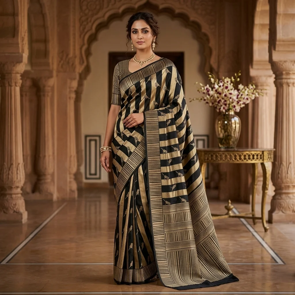 Black Gold Striped Silk Saree - pure handloom silk Banarasi Silk Saree | Shri Geeta Sarees
