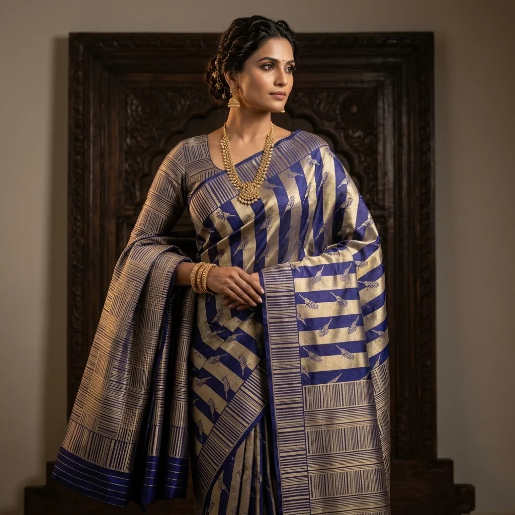 Navy Striped Silk Saree - pure handloom silk Banarasi Silk Saree | Shri Geeta Sarees