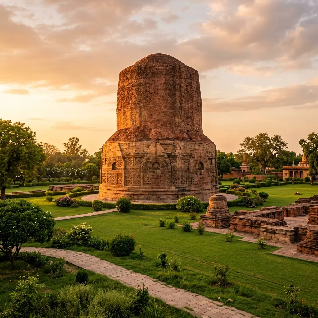 The ancient Dhamek Stupa in Sarnath surrounded by green gardens under peaceful sunlight.