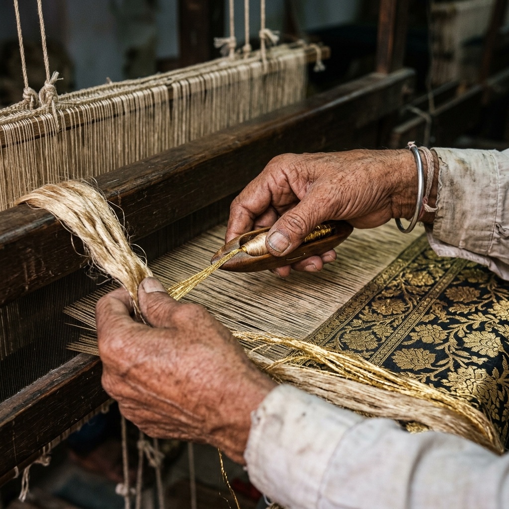Authentic Banarasi Silk Yarn and Zari Close up of pure Banarasi handloom silk being woven with metallic zari