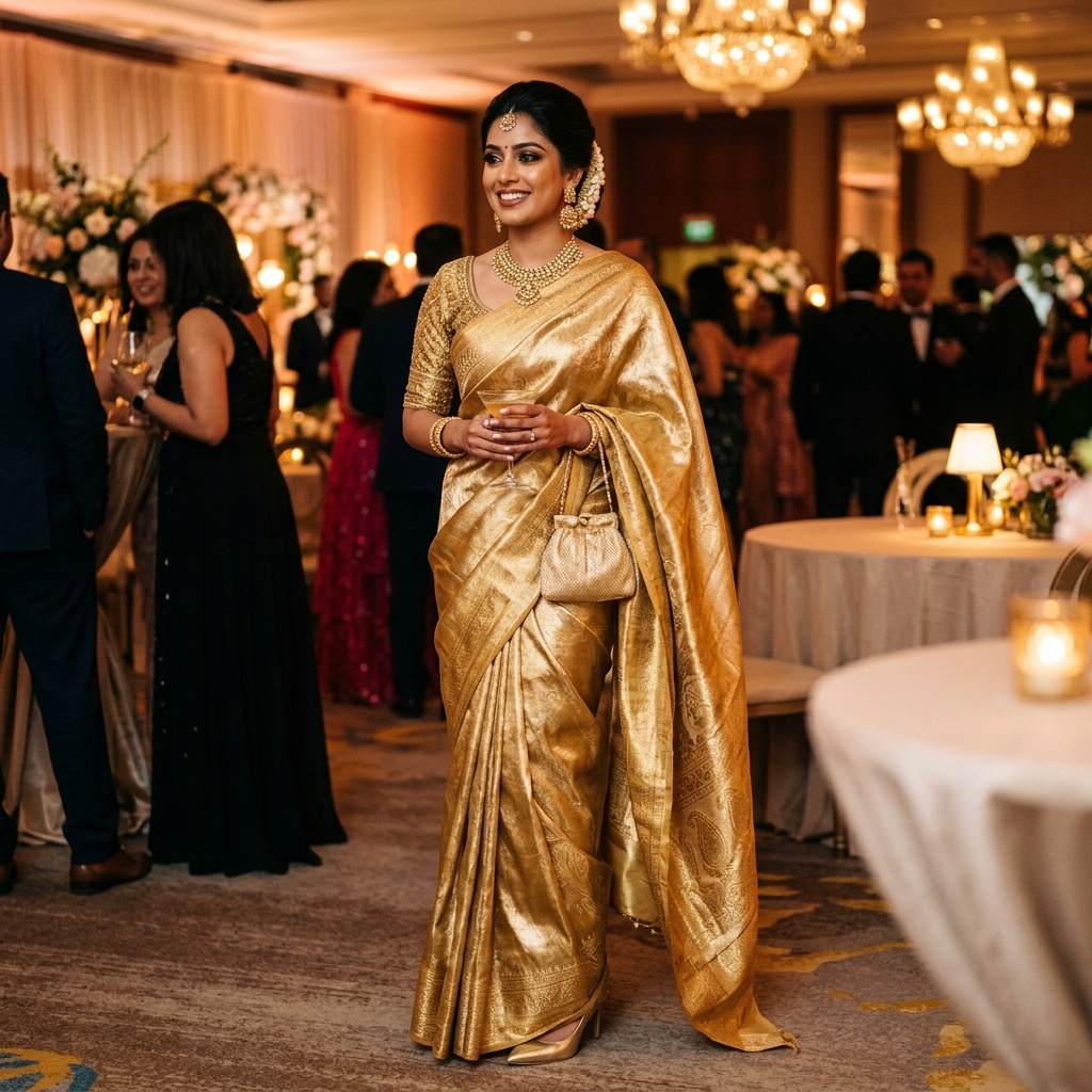 Metallic Shimmer of a Luxury Tissue Banarasi Saree Indian woman wearing a stunning Tissue Banarasi saree that looks like liquid gold
