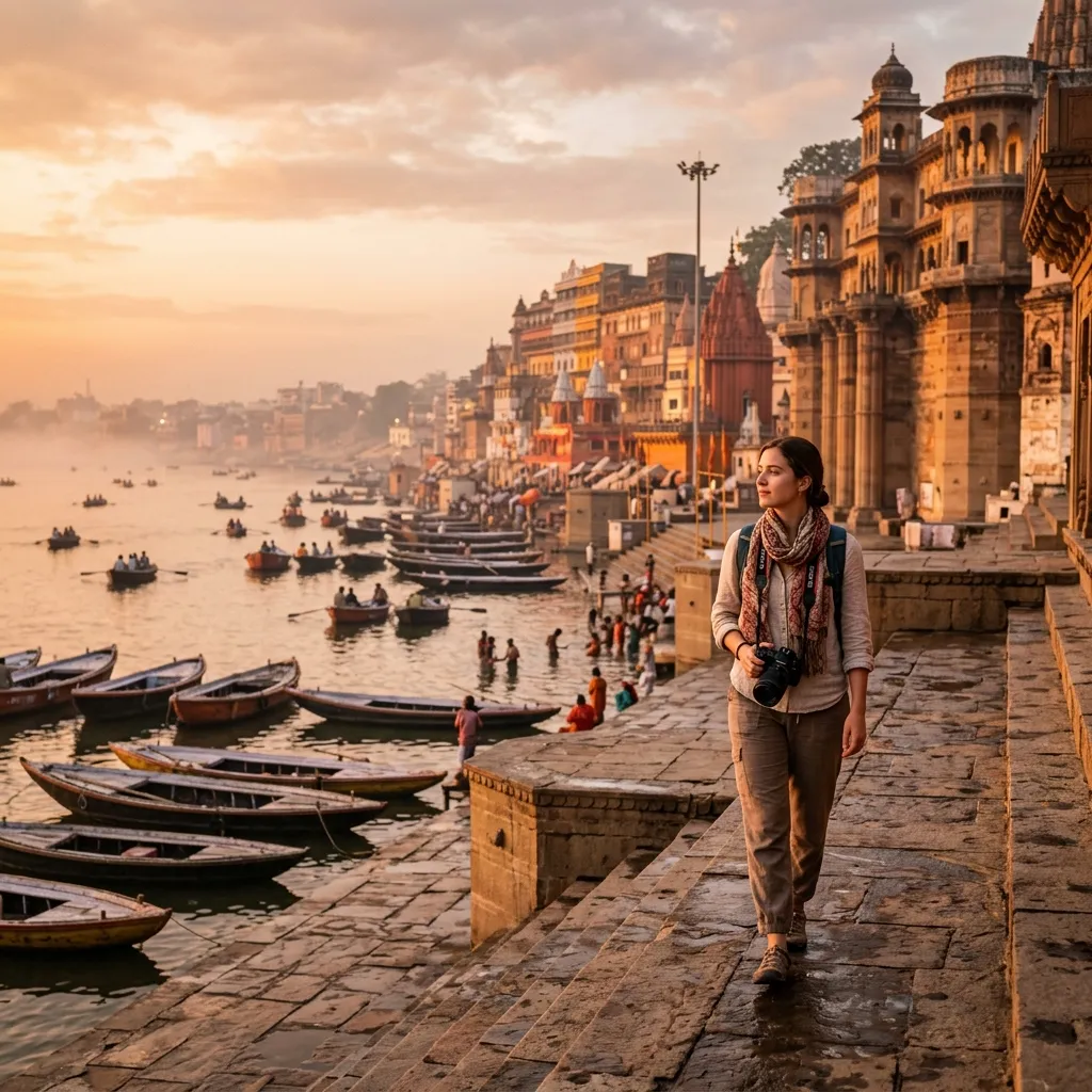 A serene sunrise view of a tourist exploring the ancient ghats of Varanasi on the river Ganges.