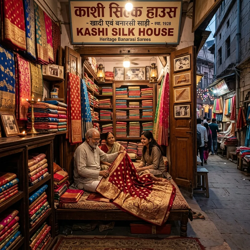 A beautiful heritage Banarasi saree boutique in the traditional streets of Varanasi.