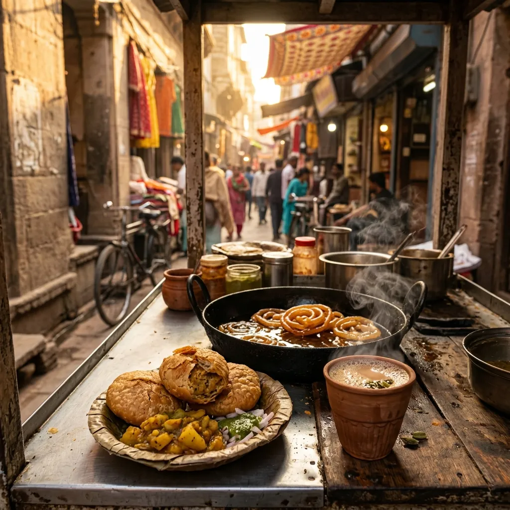 A rustic street cart in Varanasi serving hot kachoris, syrupy jalebis, and kulhad chai.